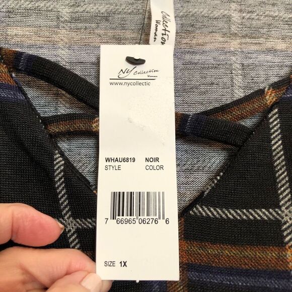 NY COLLECTION - NWT - L Sz 1X Long-Sleeve, Plaid, Cris-Cross Top w/Button Cuffs - Picture 14 of 15